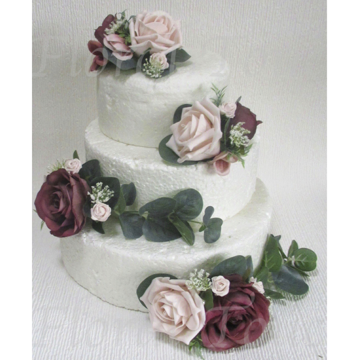Blush & Dusky Wine Rose & Eucalyptus Cake Flowers